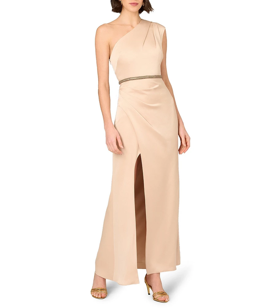 Aidan Mattox One Shoulder Beaded Waistband Satin Sheath Gown