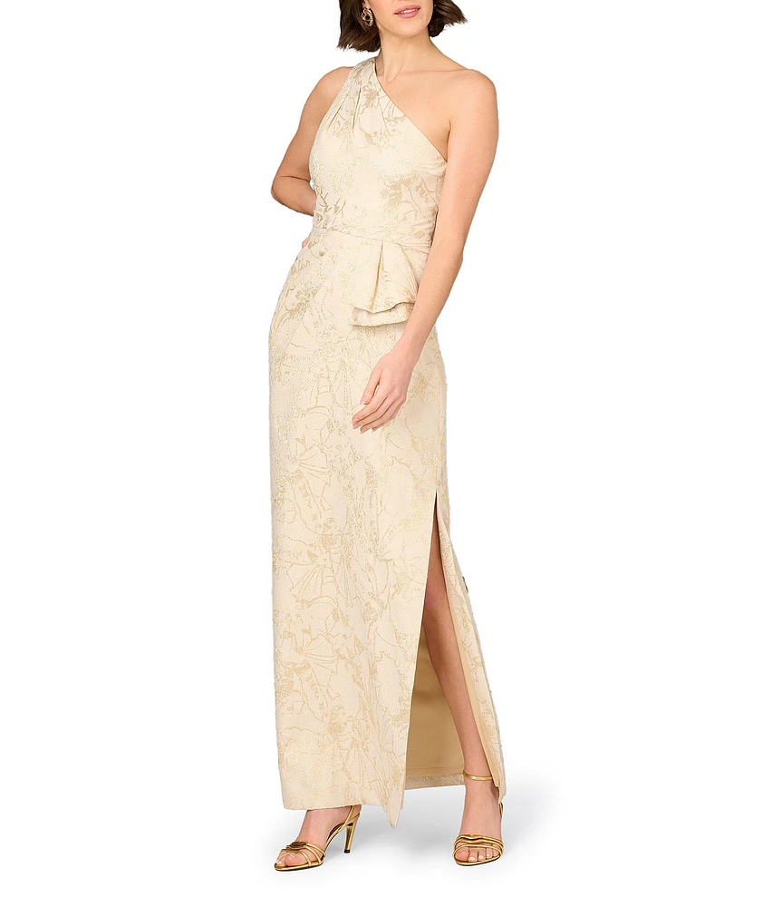 Aidan Mattox One Shoulder Bow Waist Stretch Jacquard Column Gown