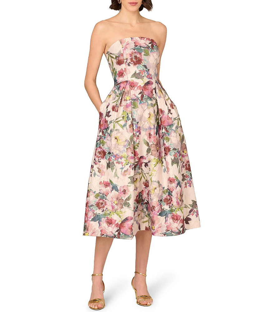 Aidan Mattox Strapless Floral Print Jacquard Fit & Flare Midi Dress