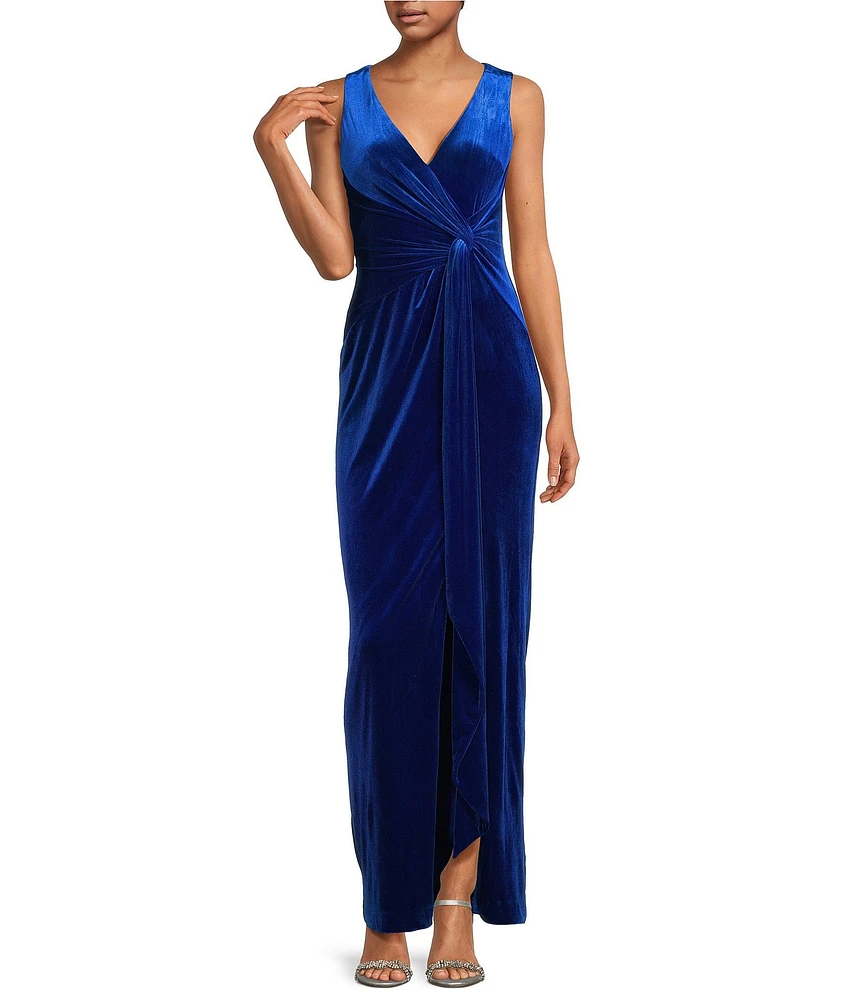 Aidan Mattox Stretch Velvet V Neckline Sleeveless Twist Bodice Gown