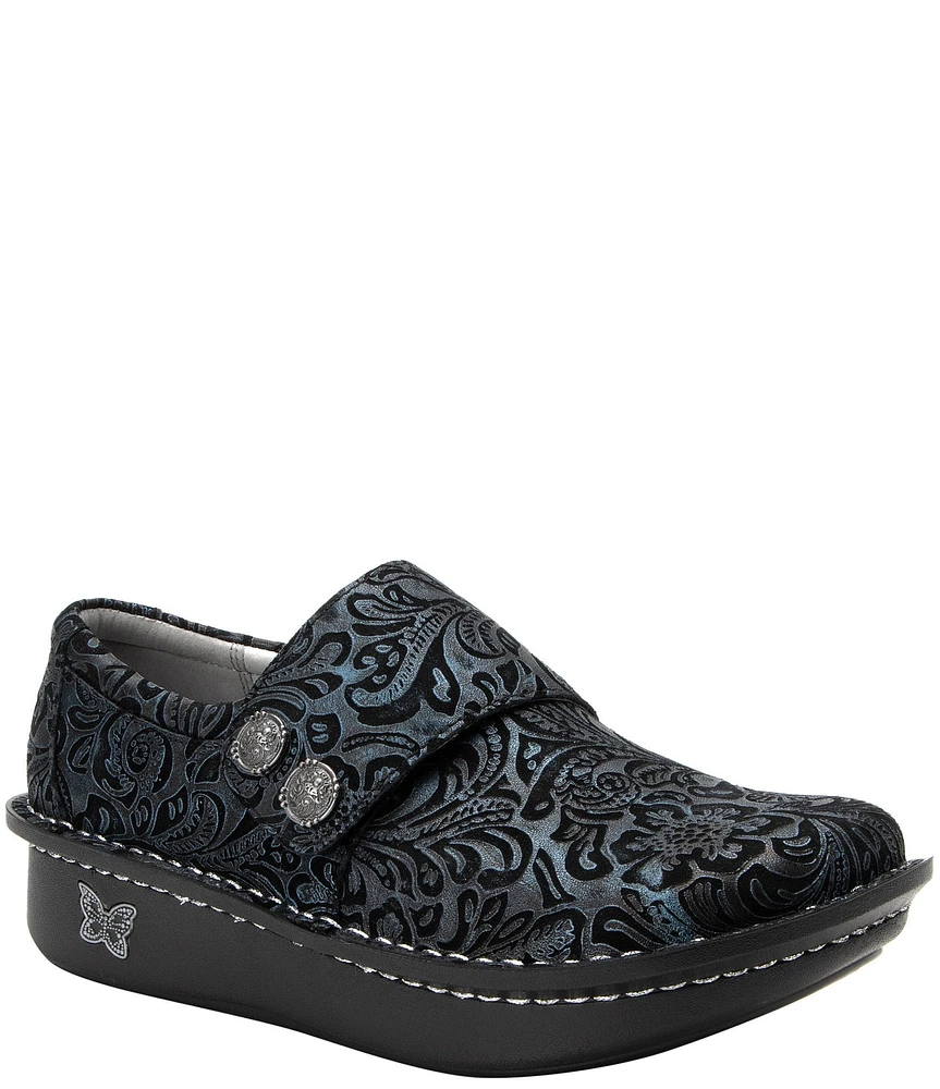 Alegria Deliah Navy Swish Print Leather Monk Strap Slip On Clogs