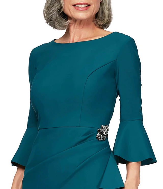 Alex Evenings Scuba Crepe Round Neck 3/4 Bell Sleeve Embellished Brooch  Cascade Ruffle Compression Sheath Dress | Liberty Center