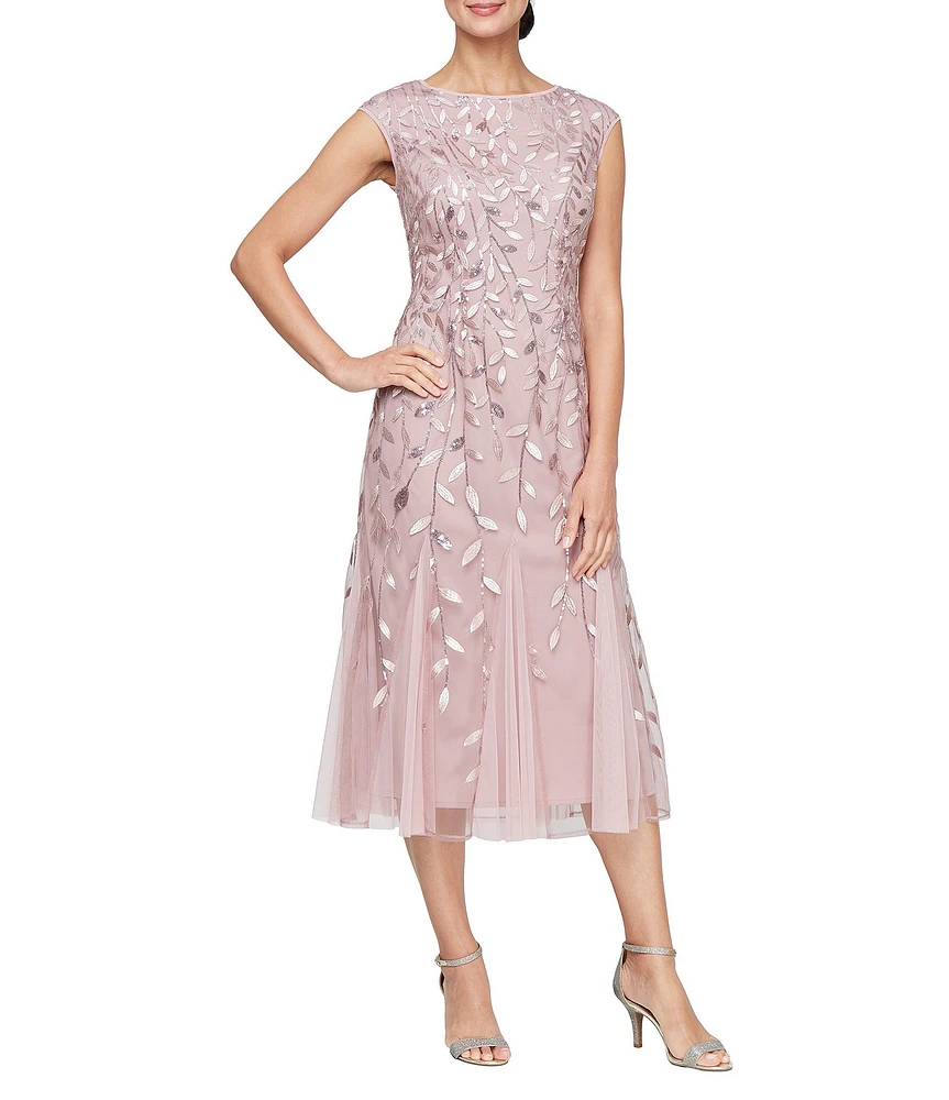 Alex Evenings Boat Neck Cap Sleeve Sequin Midi Dress