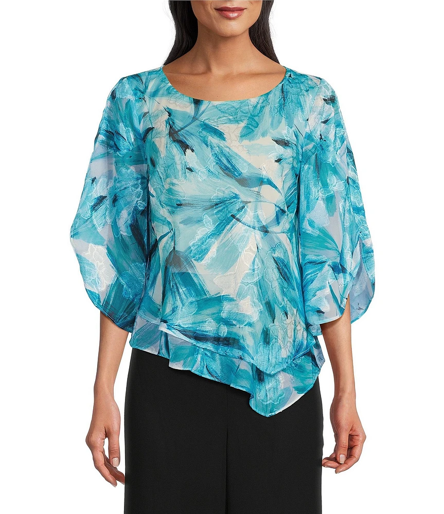Alex Evenings Chiffon Boat Neck 3/4 Sleeve Abstract Floral Print Double Tier Hem Blouse