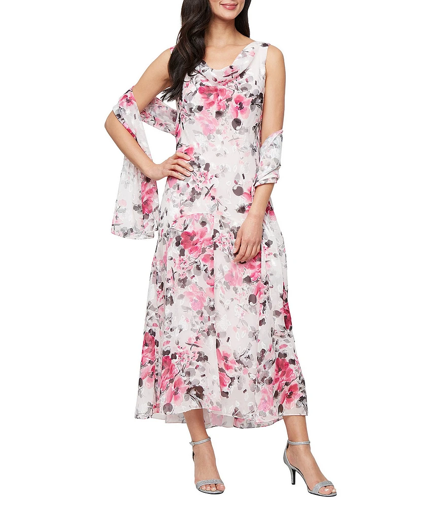 Alex Evenings Chiffon Floral Print High-Low Hem Slip Midi Dress