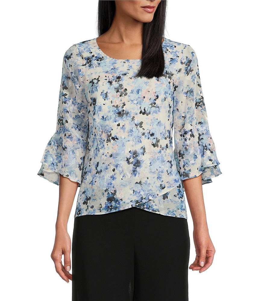 Alex Evenings Chiffon Scoop Neck 3/4 Bell Sleeve Tulip Hem Blouse