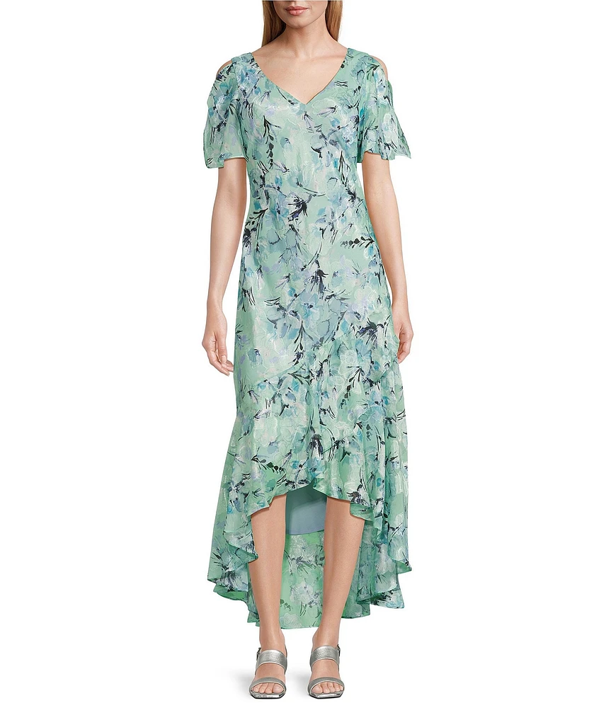 Alex Evenings Chiffon V-Neck Short Sleeve Tulip Overlay High-Low Hem Fit and Flare Midi Dress