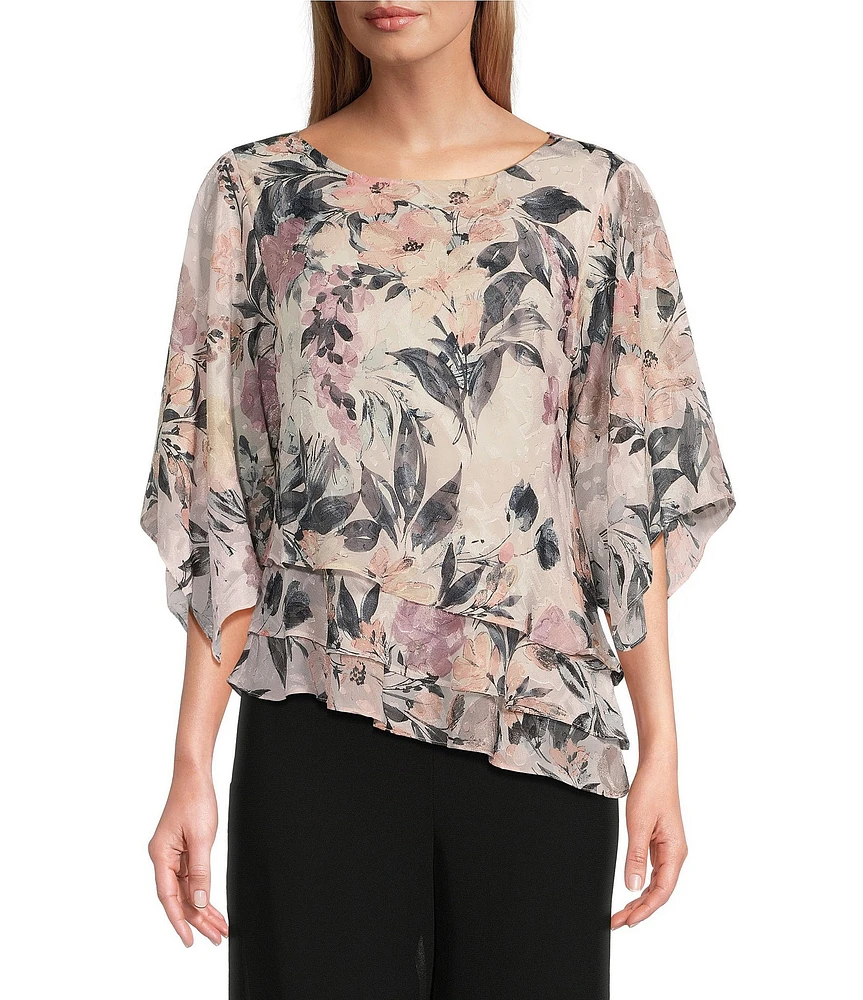 Alex Evenings Elbow Sleeve Scoop Neck Asymmetrical Hem Triple Tier Chiffon Blouse