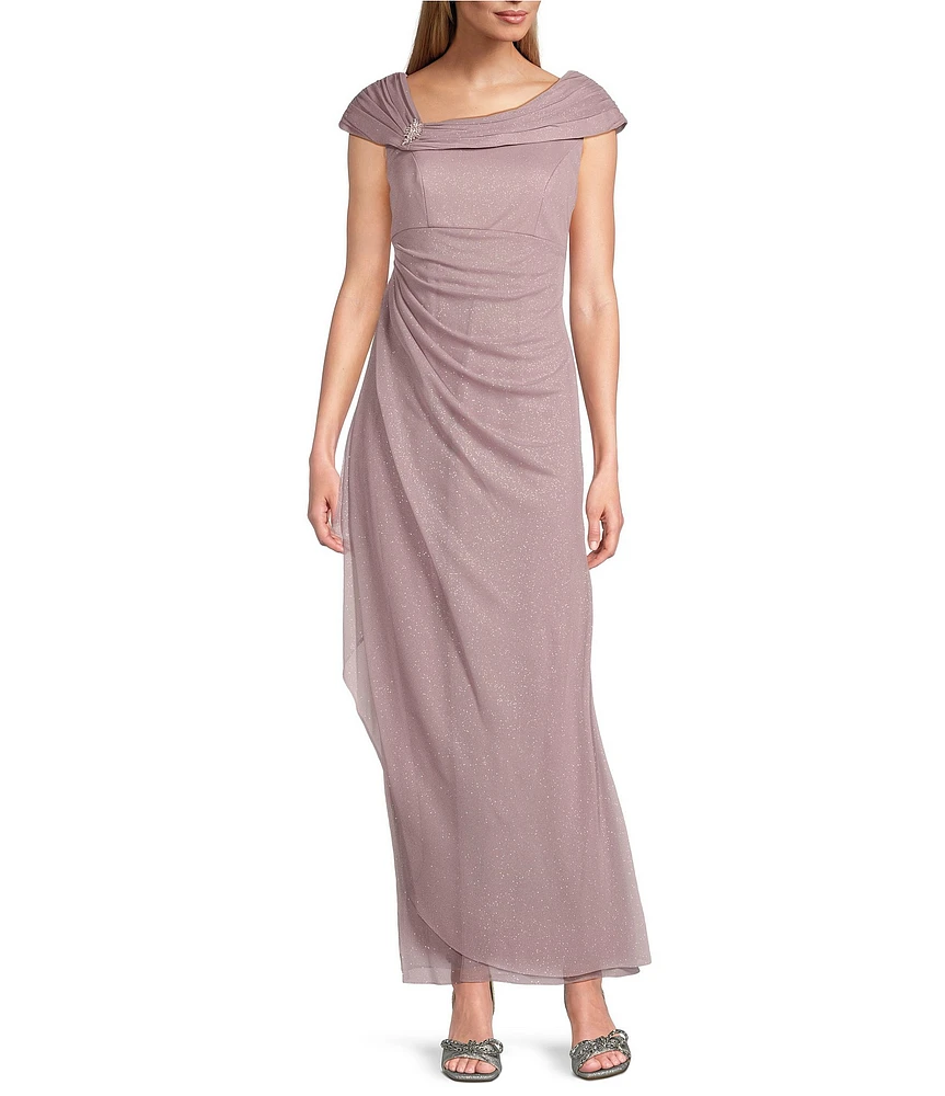 Alex Evenings Embellished Ruched Portrait Neck Cap Sleeve Glitter Mesh Sheath Dress