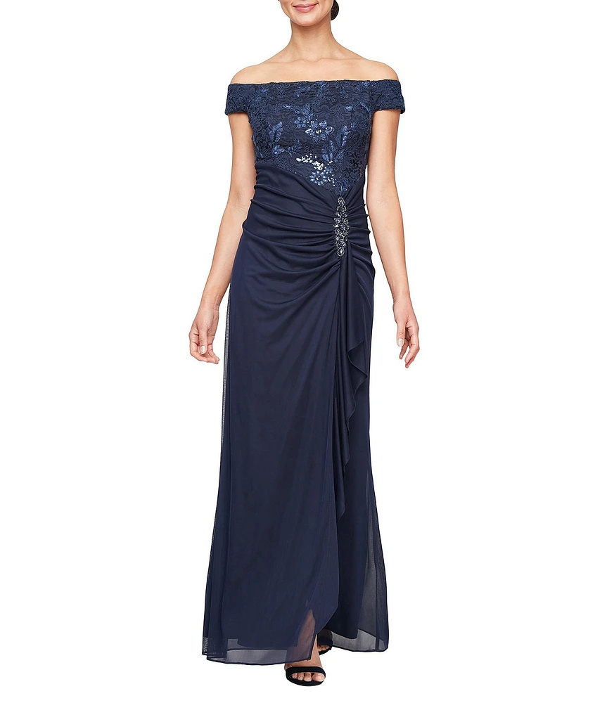 Alex Evenings Embroidered Lace Off the Shoulder Short Sleeve Gown