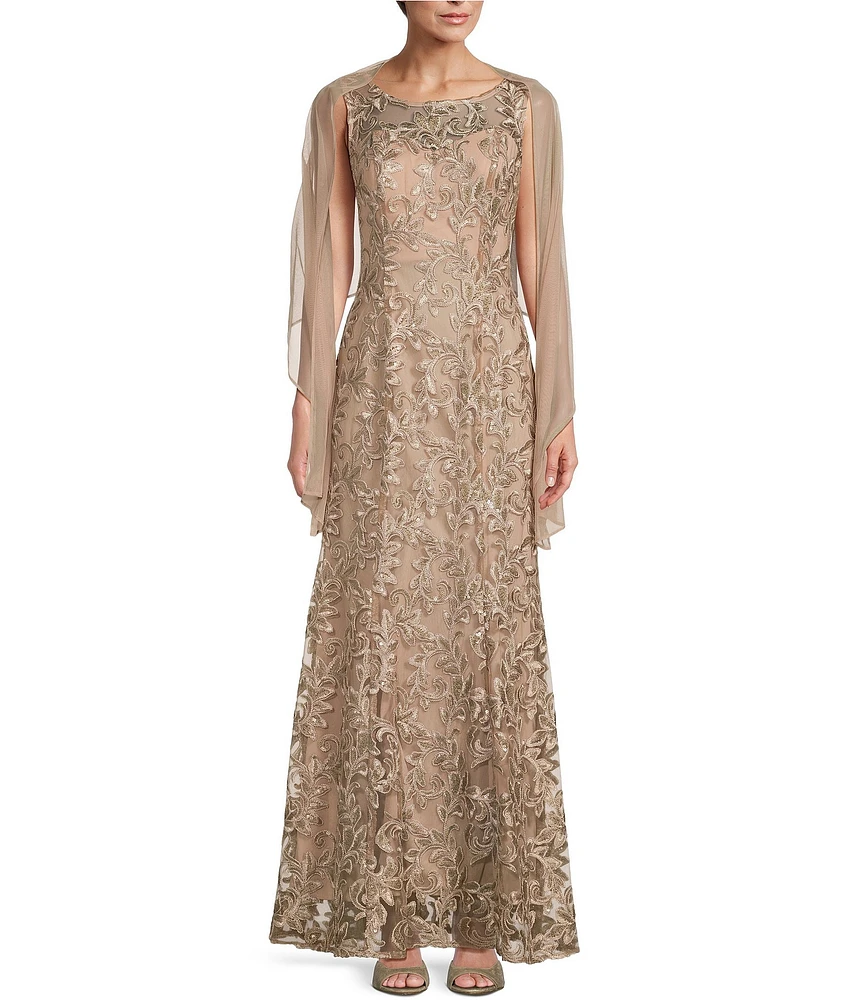 Alex Evenings Illusion Round Neck Sleeveless Embroidered Lace Shawl A-Line Dress
