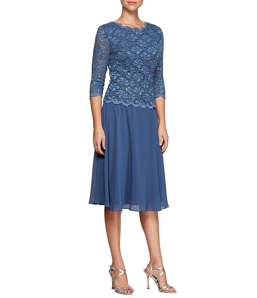 Alex Evenings Petite Size Scalloped Round Neck Sequin Lace Bodice 3/4 Sleeve Chiffon Skirted Tea Length Dress