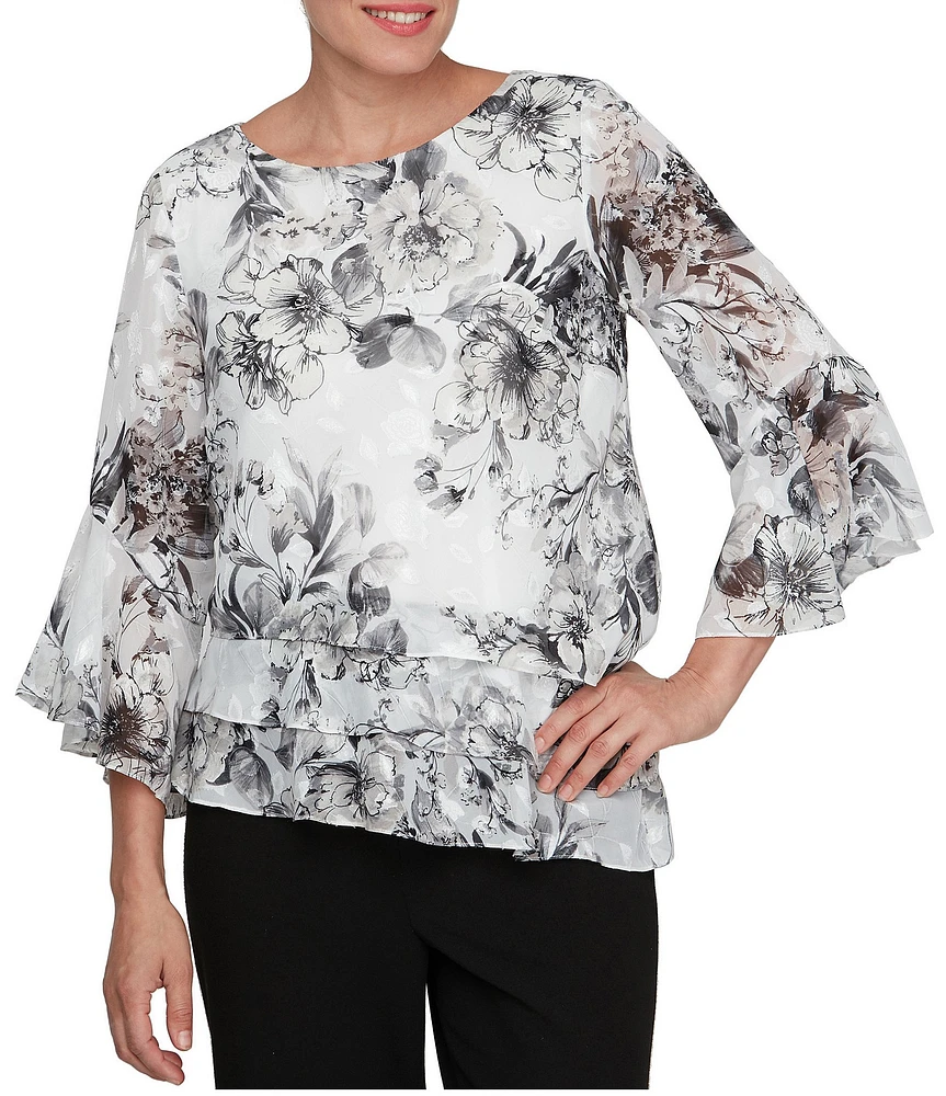 Alex Evenings Petite Size Illusion 3/4 Sleeve Boat Neck Asymmetrical Hem Triple Tier Chiffon Blouse