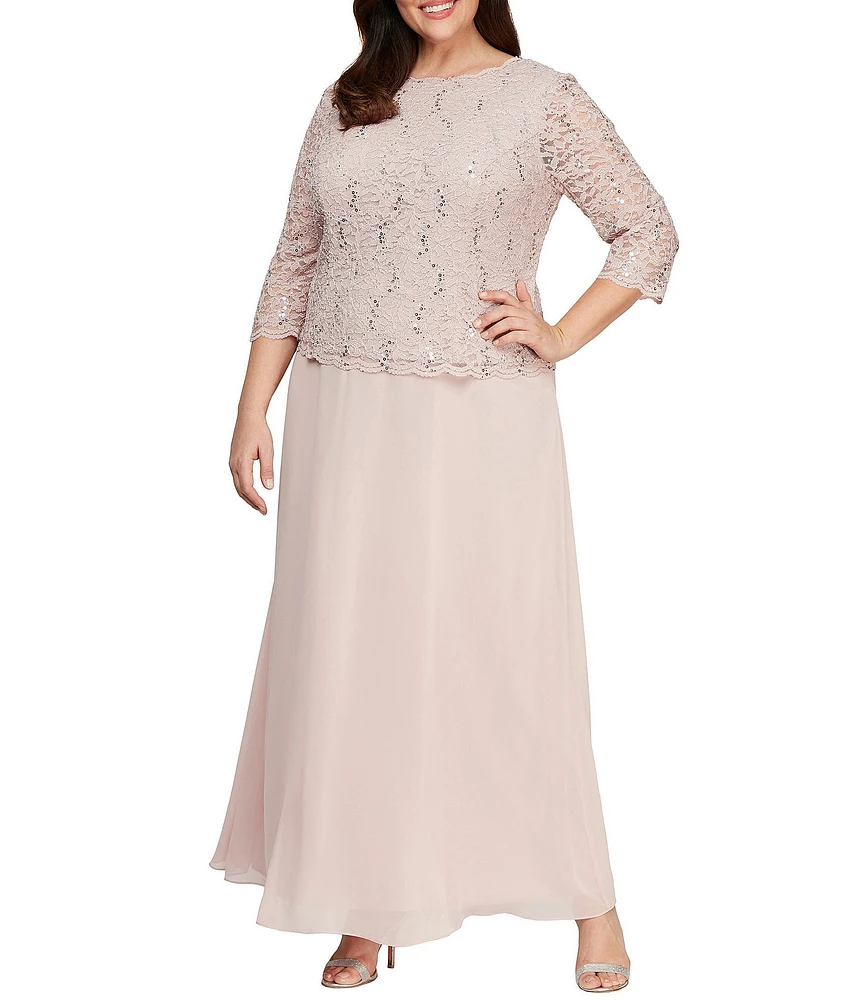 Alex Evenings Plus Size Crew Neck 3/4 Sleeve Sequin Lace Scalloped Hem Bodice Chiffon Skirted Dress