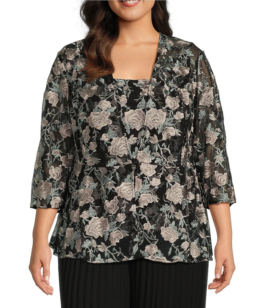 Alex Evenings Plus Size 3/4 Sleeve Square Neck Floral Twinset