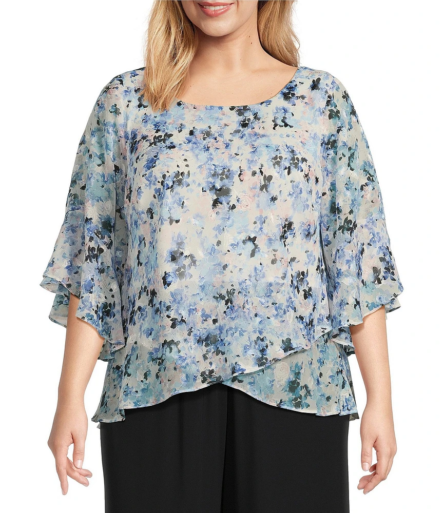 Alex Evenings Plus Size Chiffon Scoop Neck 3/4 Bell Sleeve Tulip Hem Blouse