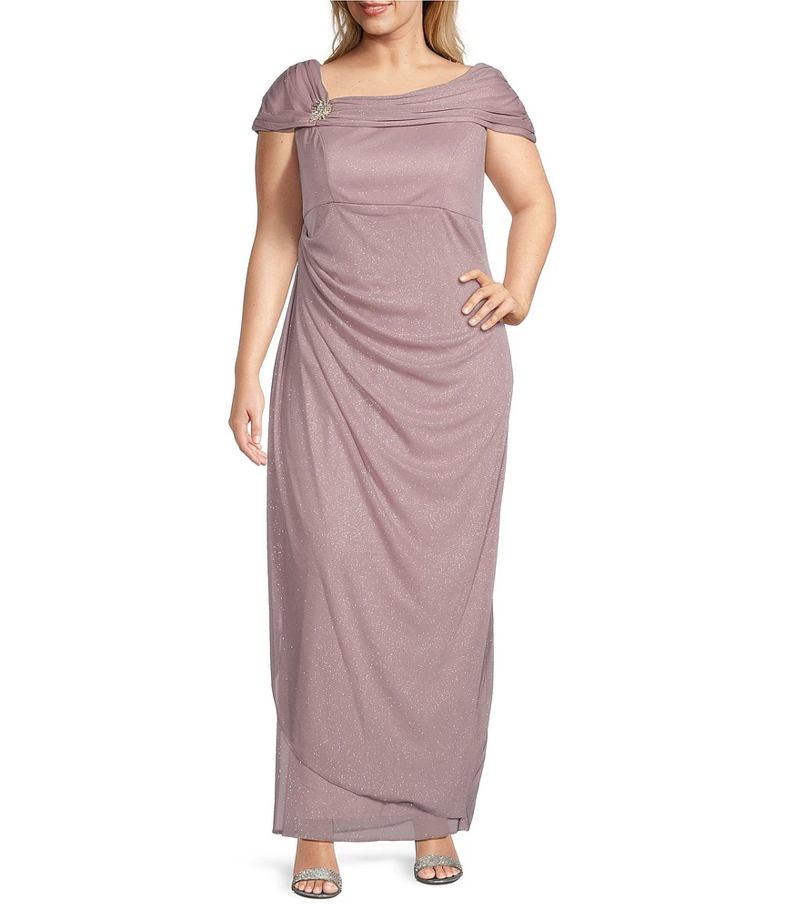Alex Evenings Plus Size Embellished Ruched Portrait Neck Cap Sleeve Glitter Mesh Sheath Dress