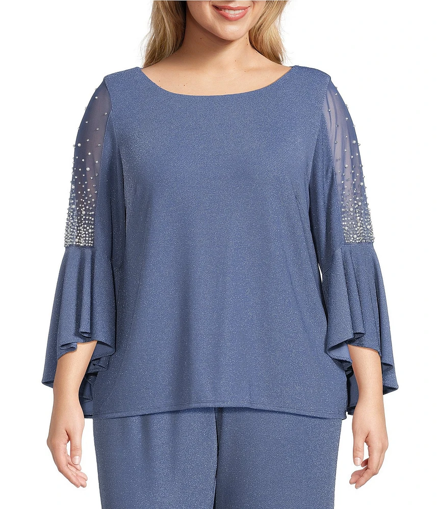 Alex Evenings Plus Size Metallic Knit Pearl Trim Illusion Bell Sleeve Blouse
