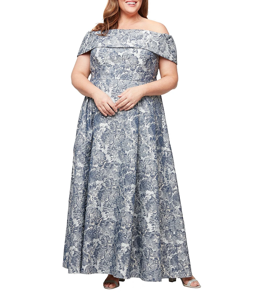 Alex Evenings Plus Size Off-The-Shoulder Floral Jacquard Ballgown