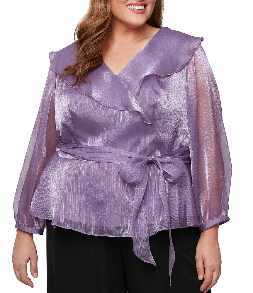 Alex Evenings Plus Size Portrait Collar Tie Waist Illusion Sleeve Blouse
