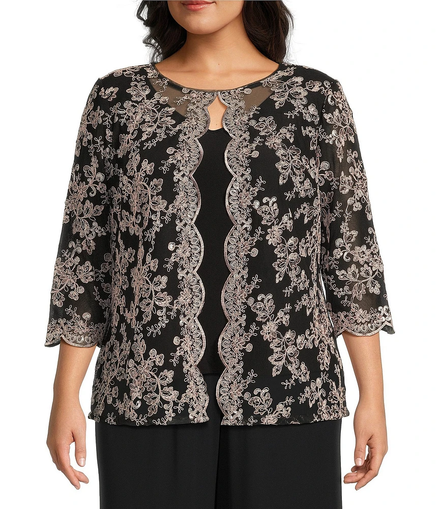 Alex Evenings Plus Size Scoop Neck 3/4 Sleeve Embroidered Stretch Tulle Mock Twinset