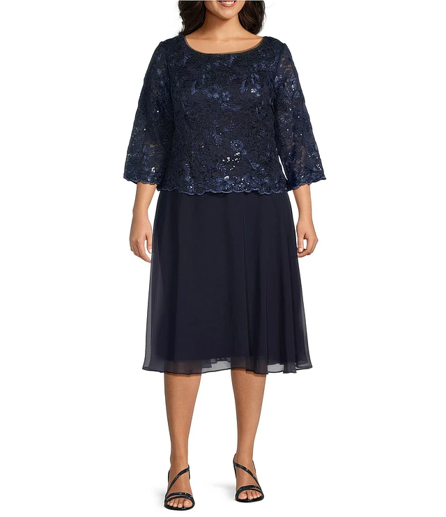 sachin and babi light blue dress Alex Evenings Plus Size Scoop Neck 3/4 Sleeve Sequin Lace Bodice A Line  Midi Dress