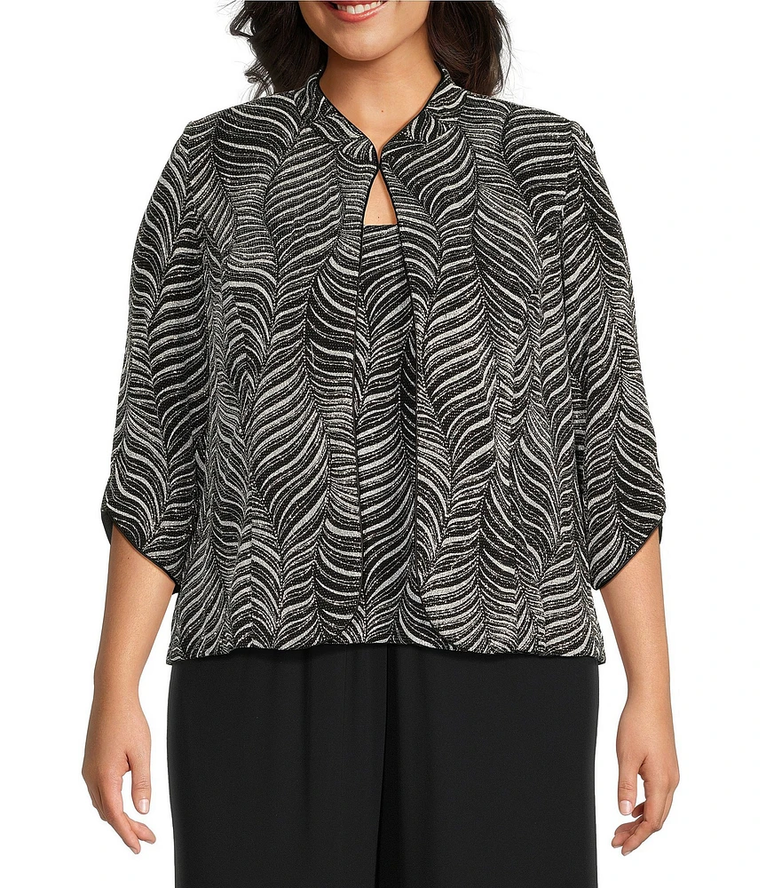 Alex Evenings Plus Size Zebra Metallic Glitter Knit Mandarin Neck 3/4 Sleeve Twin Set