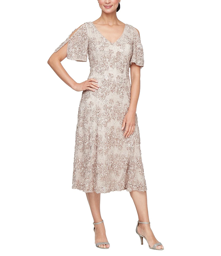 Alex Evenings Short Sleeve V-Neck Short Sleeve Lace Soutache A-Line Midi Dress