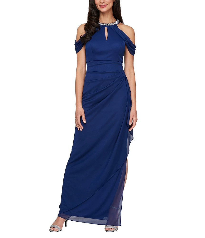 Alex Evenings Sleeveless Beaded Halter Mesh Sheath Dress
