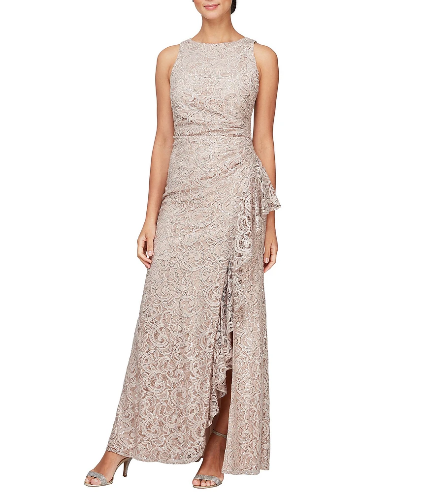 Alex Evenings Crew Neck Sleeveless Cascade Ruffle Thigh High Slit Sequin Lace Stretch Gown