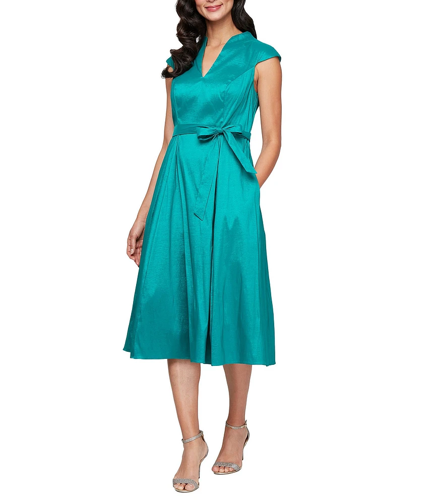 Alex Evenings Stretch Taffeta V Neck Cap Sleeve Tie Sash A-Line Midi Dress