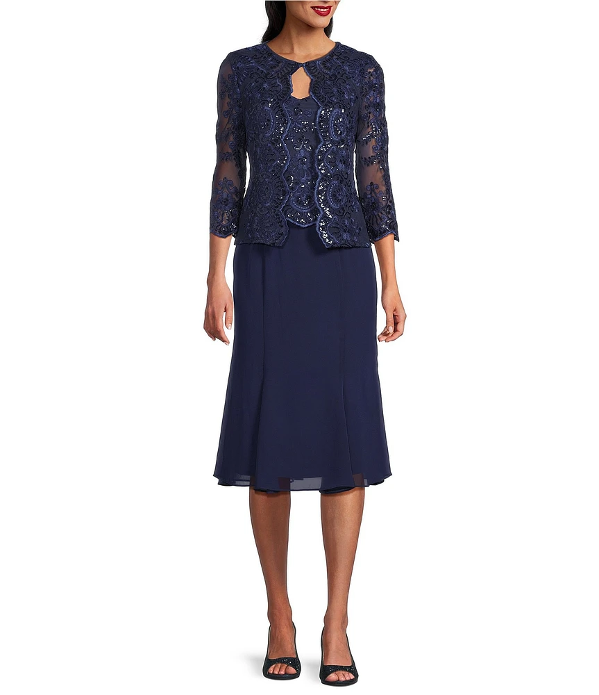 Alex Evenings Stretch Tulle Chiffon Jacket Midi Dress