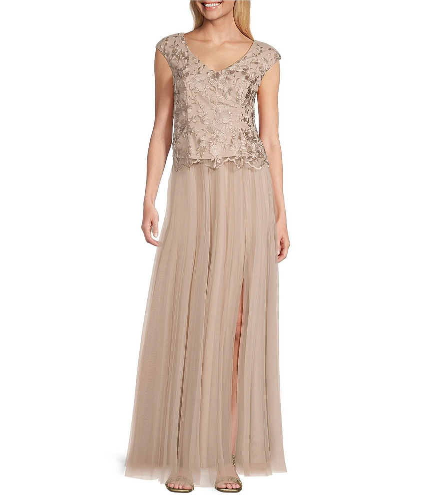 Alex Evenings V Neck Cap Sleeve Embroidered Bodice Stretch Tulle A Line Gown