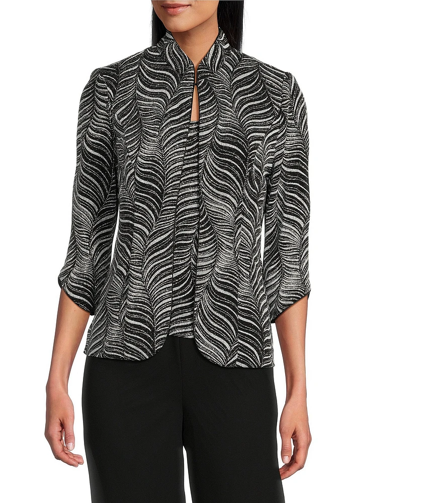 Alex Evenings Zebra Metallic Glitter Knit Mandarin Neck 3/4 Sleeve Twin Set