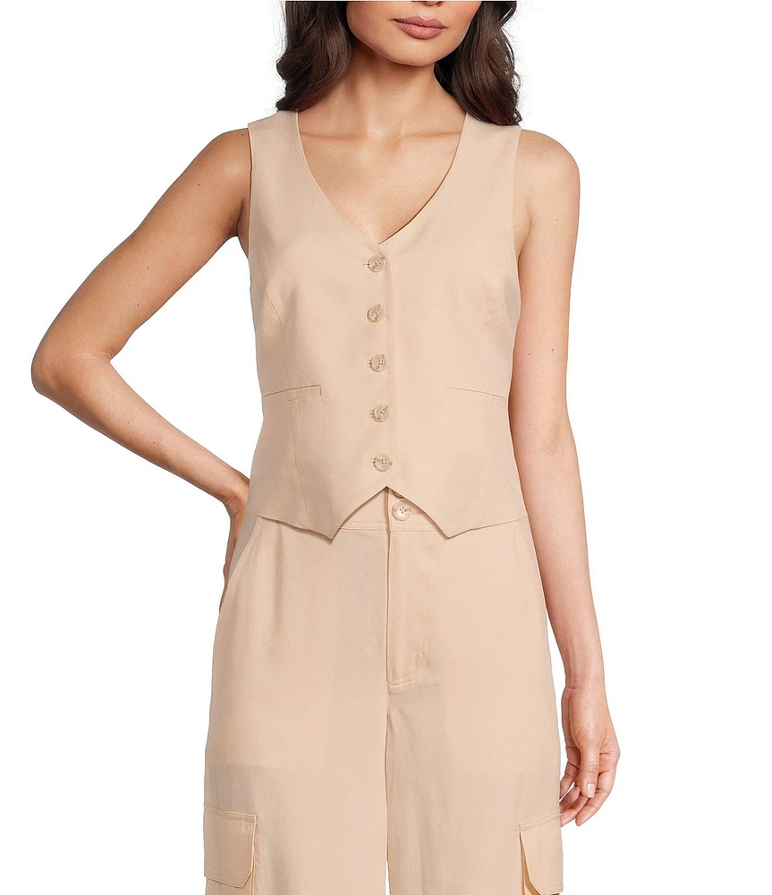 Alex Marie Brooke V-Neck Drapey Linen Blend Button Front Vest
