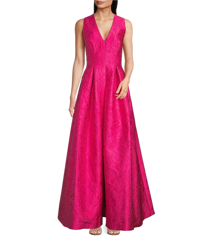 Alex Marie Christine Floral Textured Jacquard V Neck Sleeveless Gown