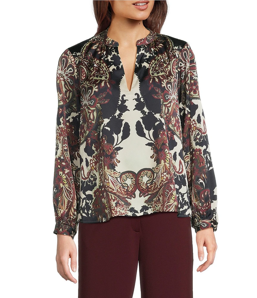 Alex Marie Harley Printed Satin Long Sleeve V-Neck Blouse