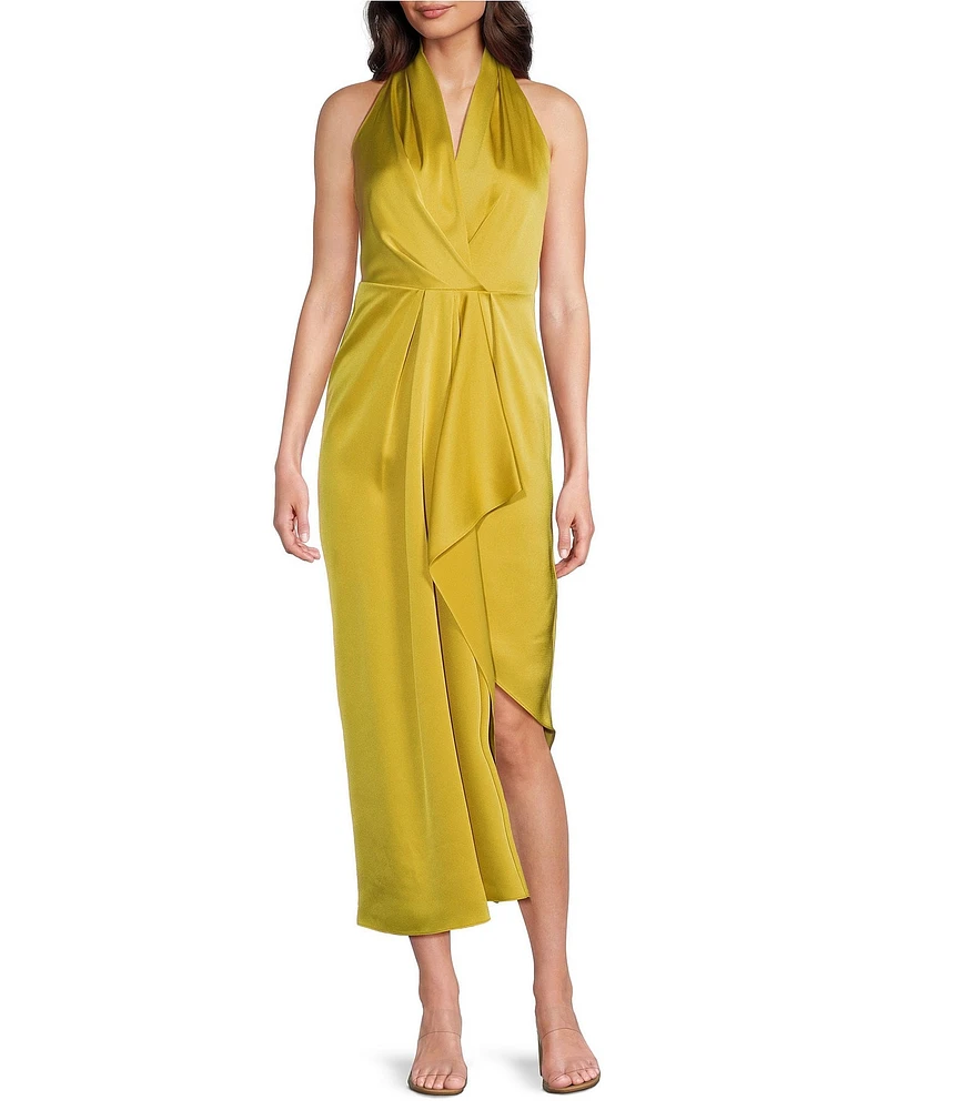 Alex Marie Hazel Surplice V-Neck Sleeveless Satin Asymmetrical Hem Midi Dress