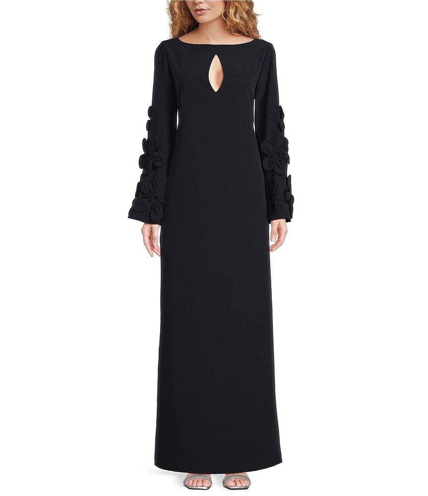 Alex Marie Laura Crepe Keyhole Neck Long Sleeve Applique Gown