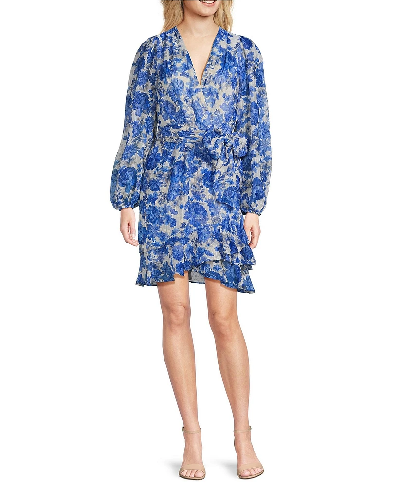 Alex Marie Laurel V-Neck Long Sleeve Printed Chiffon Dress