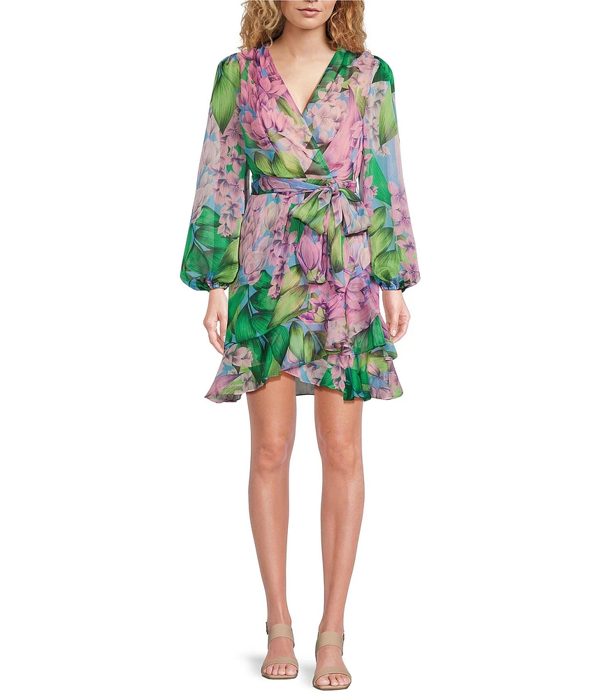 Alex Marie Laurel Wisteria Long Sleeve Surplice V-Neck A-Line Dress