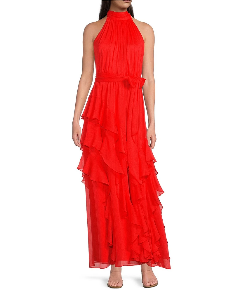 Alex Marie Nina Chiffon Halter Sleeveless Tiered A-Line Dress