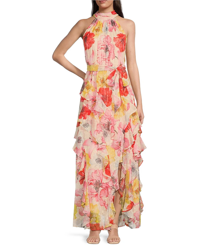 Alex Marie Nina Floral Chiffon Halter Neck Sleeveless Tiered A-Line Dress