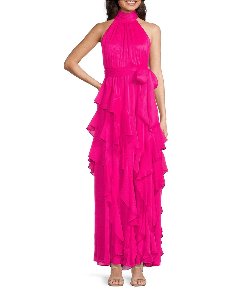Alex Marie Petite Size Nina Chiffon Halter Neck Sleeveless Tiered A-Line Dress