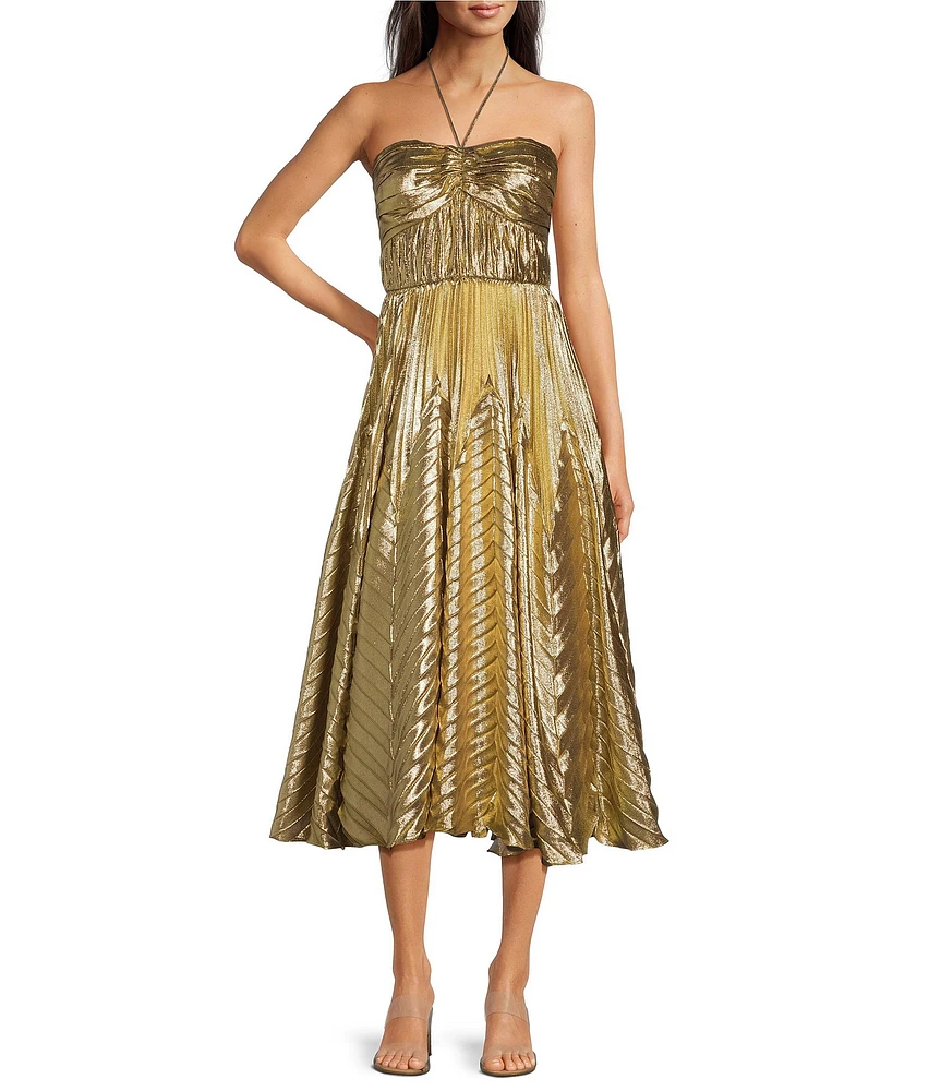Alex Marie Petite Size Olympia Woven Metallic Hatler Sweetheart Neck Sleeveless Ruched Fit and Flare Flounce Midi Dress