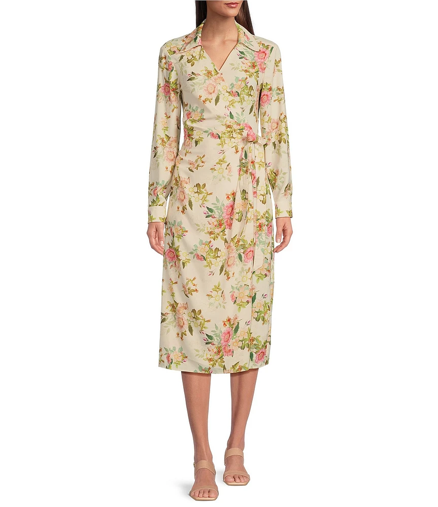 Alex Marie Tonya Long Sleeve Floral Print Notch Collar V-Neck Midi Wrap Dress