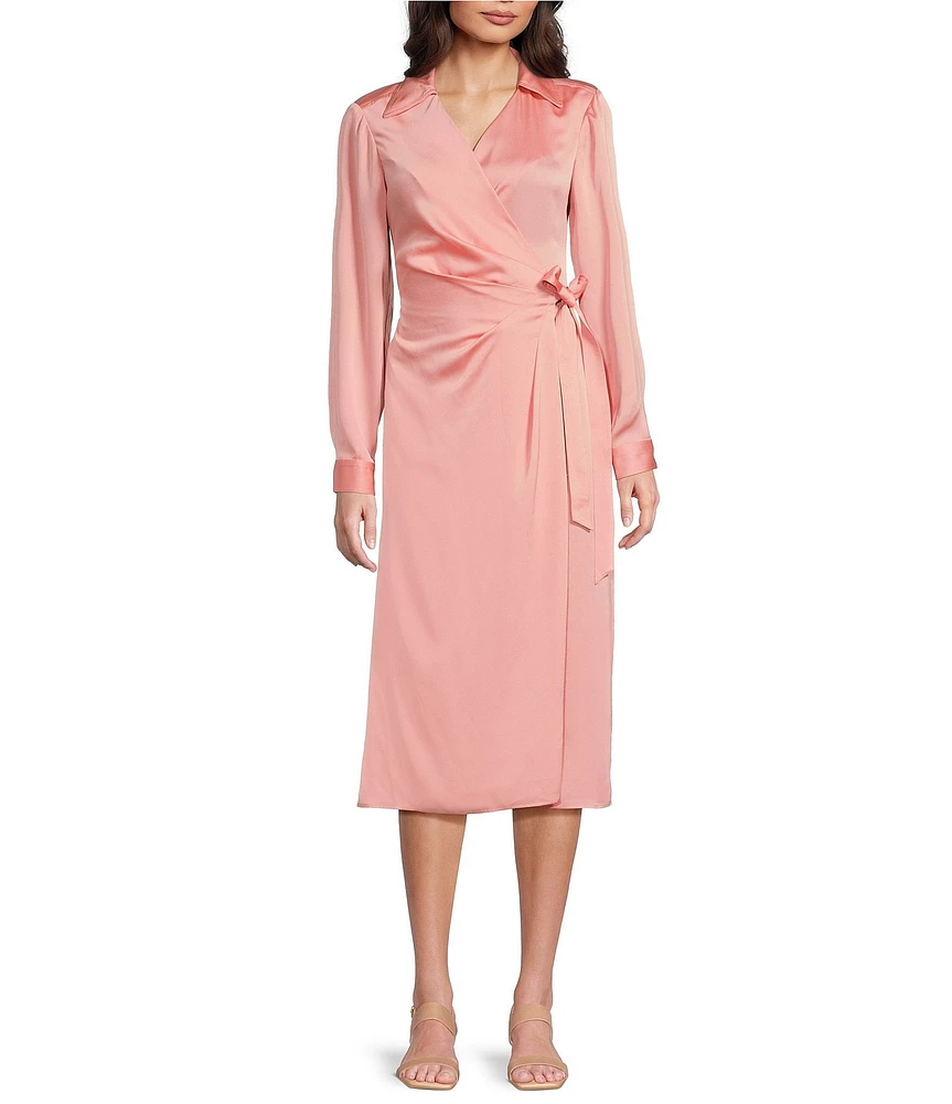 Alex Marie Tonya Long Sleeve Notch Collar V-Neck Midi Wrap Dress