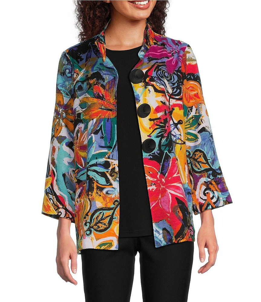 Ali Miles Abstract Floral Wire Collar 3/4 Sleeve Button Front Jacket