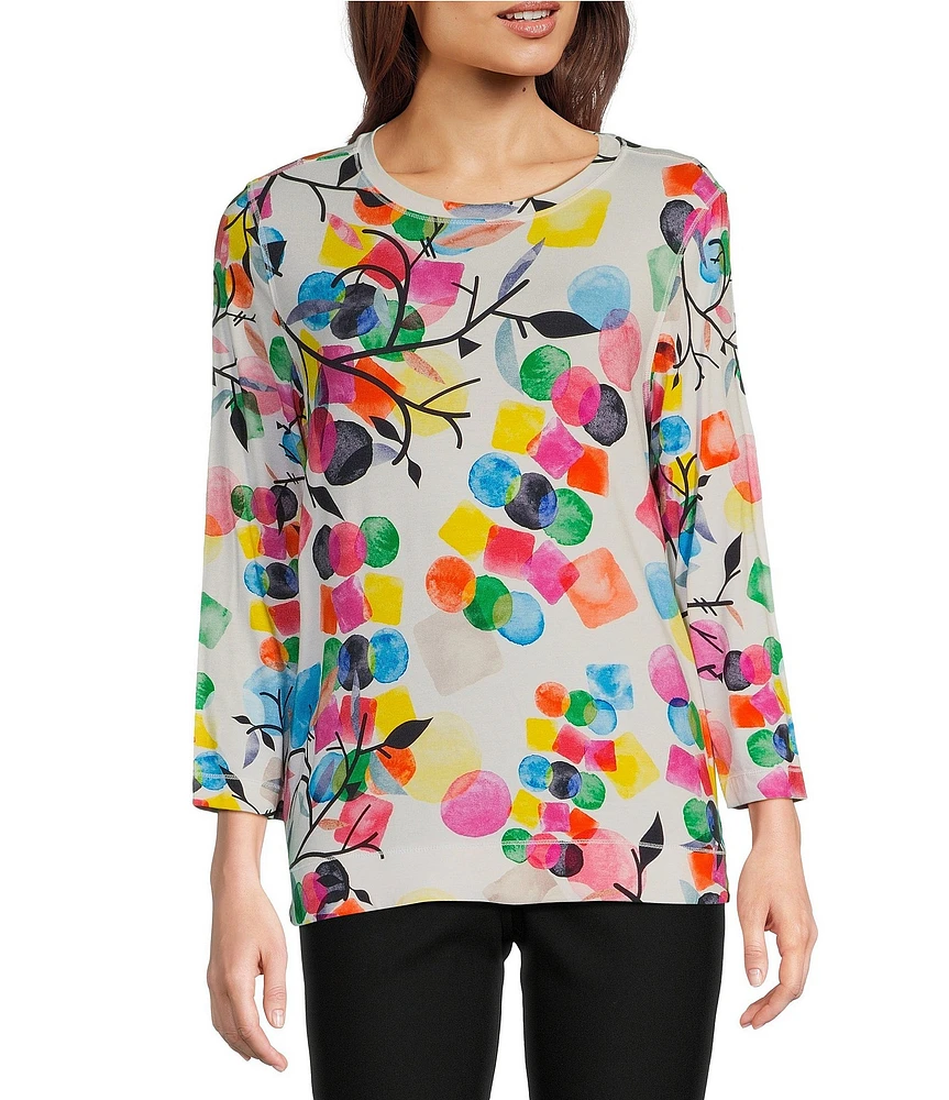 Ali Miles Abstract Print Straight Button Hem Round Neck 3/4 Sleeve Tunic
