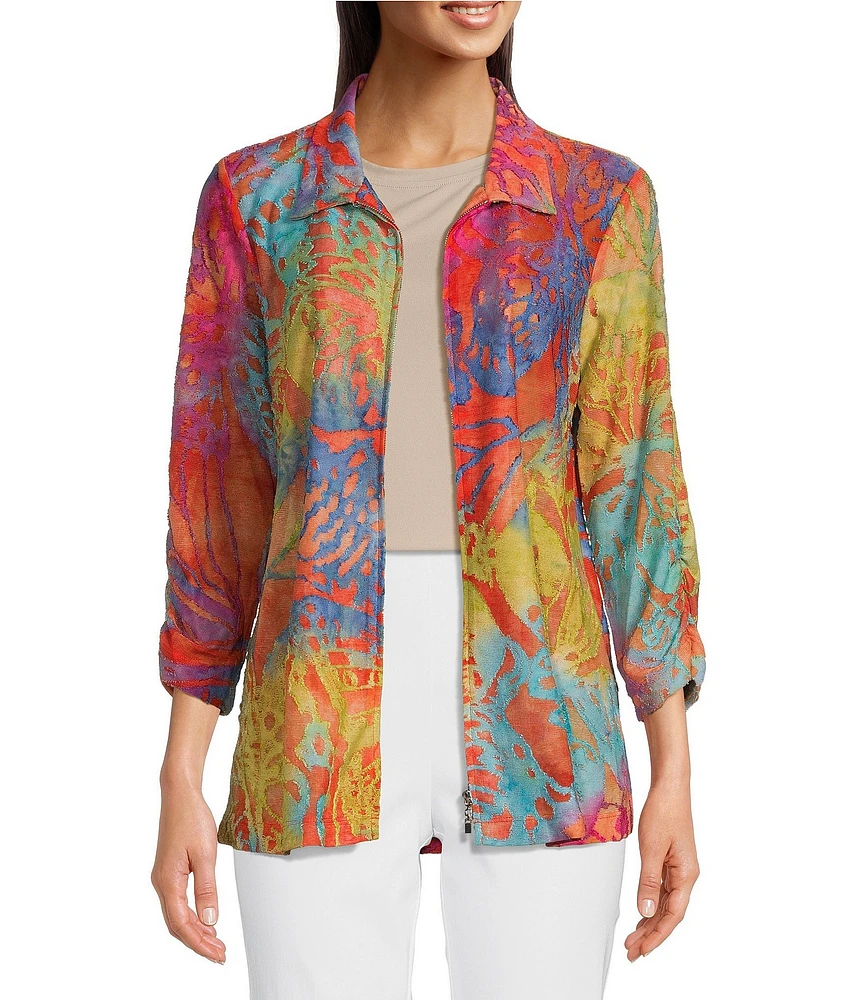 Ali Miles Burnout Abstract Floral Print Point Collar 3/4 Cinched Sleeve Zip-Up Jacket